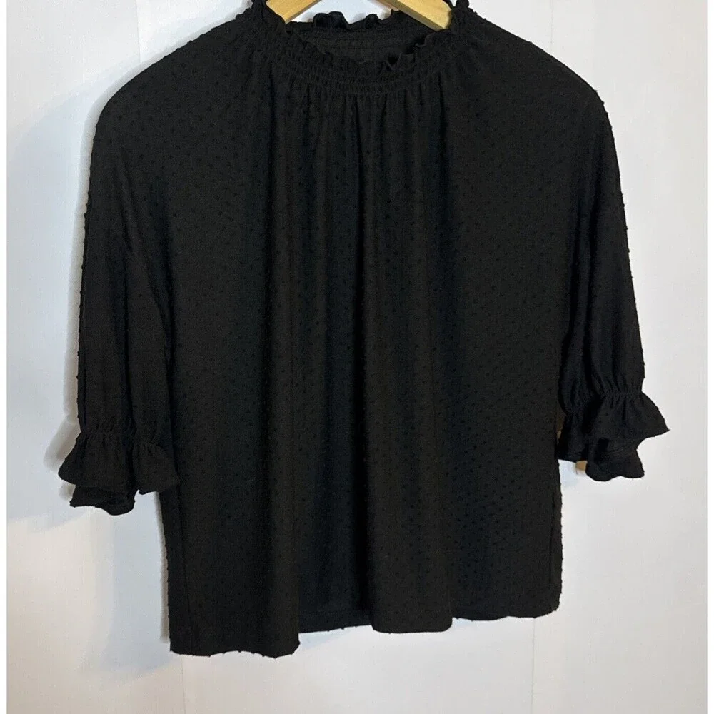 Madewell Polka Dot Mock Neck Blouse Womens‎ XS Ruffle Oversized Boxy Old Money